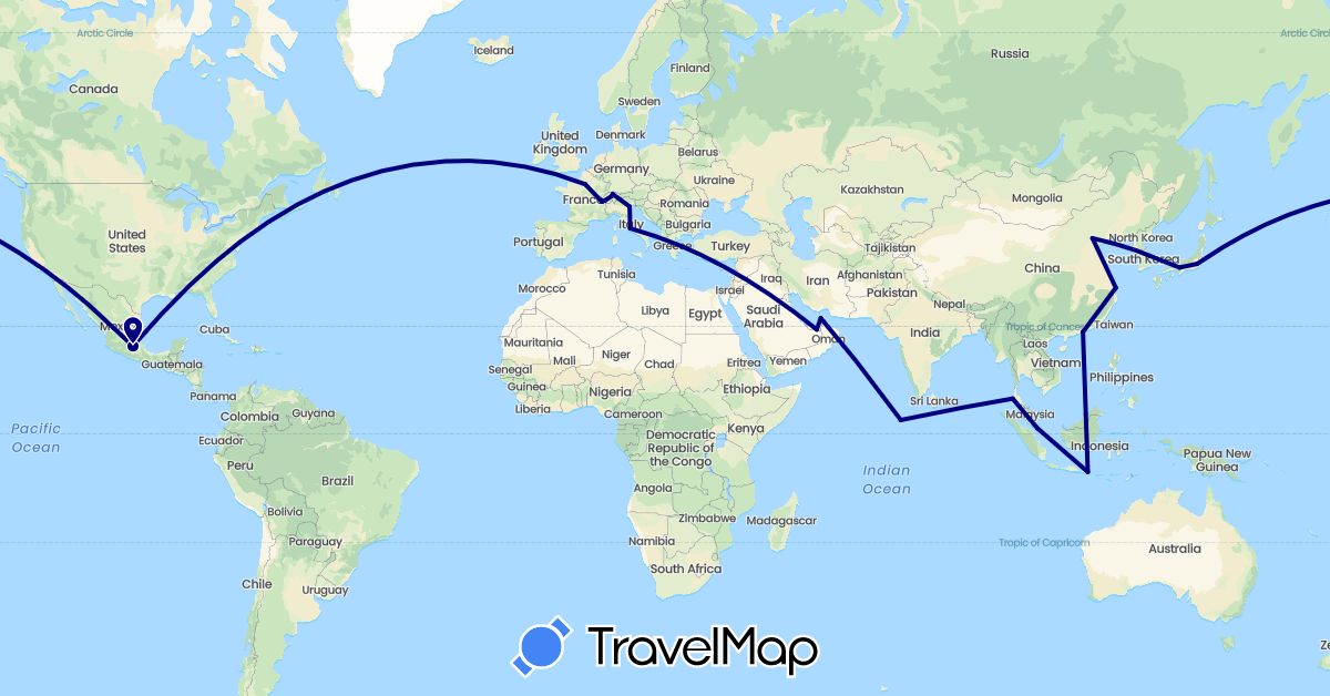 TravelMap itinerary: driving in United Arab Emirates, Switzerland, China, France, Hong Kong, Indonesia, Italy, Japan, Maldives, Mexico, Singapore, Thailand (Asia, Europe, North America)